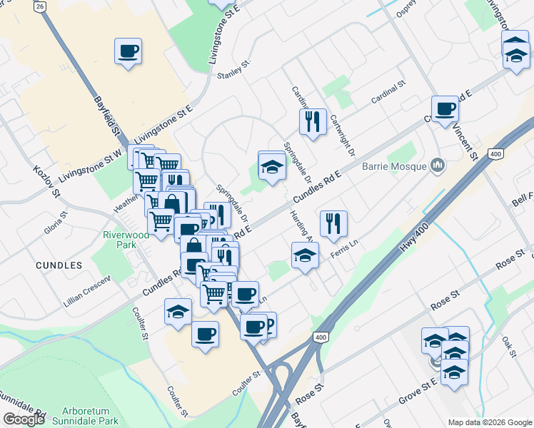 map of restaurants, bars, coffee shops, grocery stores, and more near in Barrie