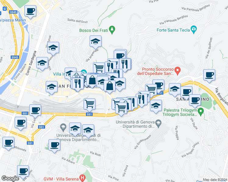 map of restaurants, bars, coffee shops, grocery stores, and more near 16 Via Donghi in Genoa
