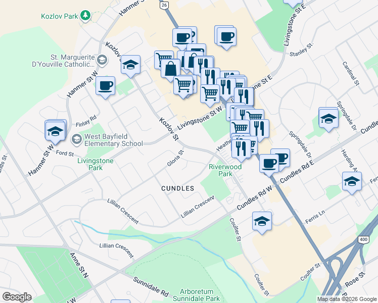 map of restaurants, bars, coffee shops, grocery stores, and more near 118 Kozlov Street in Barrie