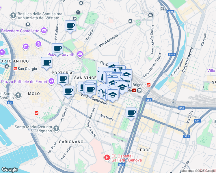 map of restaurants, bars, coffee shops, grocery stores, and more near 106R Via San Vincenzo in Genova