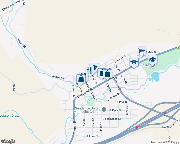 map of restaurants, bars, coffee shops, grocery stores, and more near 108 North 4th Street in Sundance