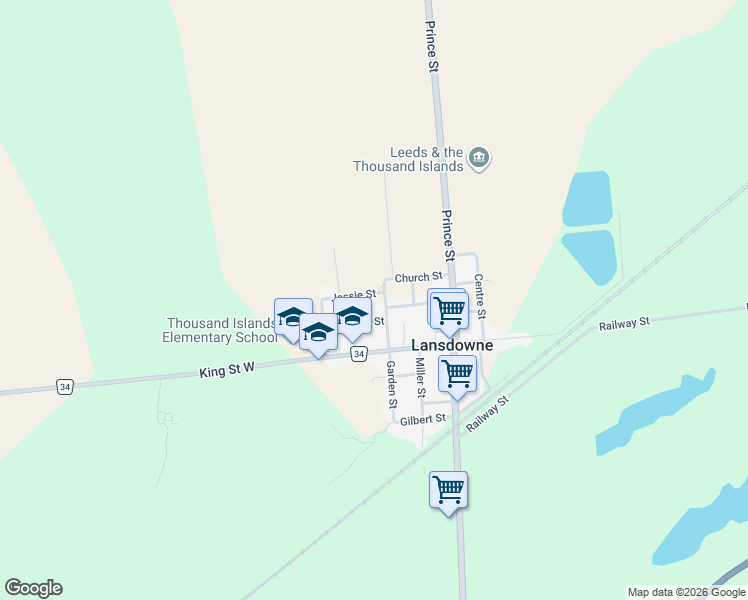 map of restaurants, bars, coffee shops, grocery stores, and more near 4 Jessie Street in Leeds and the Thousand Islands