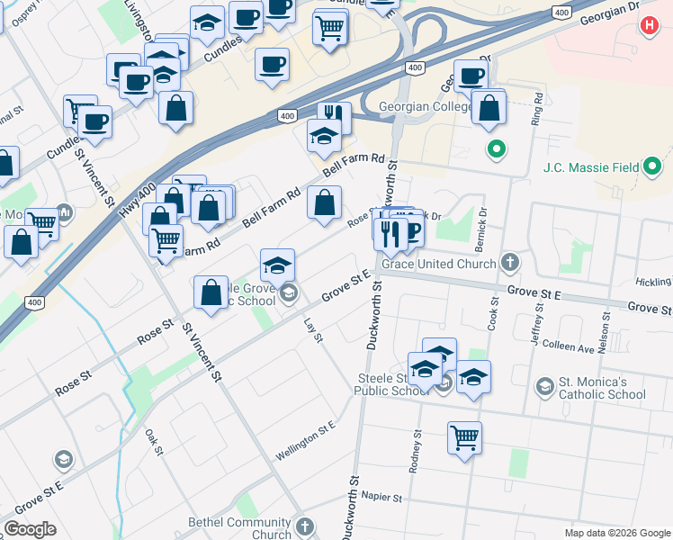 map of restaurants, bars, coffee shops, grocery stores, and more near 17 Bellevue Crescent in Barrie