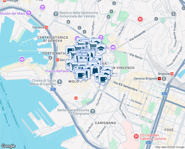 map of restaurants, bars, coffee shops, grocery stores, and more near in Genoa