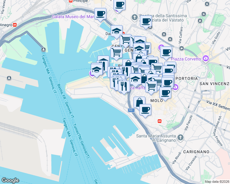 map of restaurants, bars, coffee shops, grocery stores, and more near 17A Vico Malatti in Genova