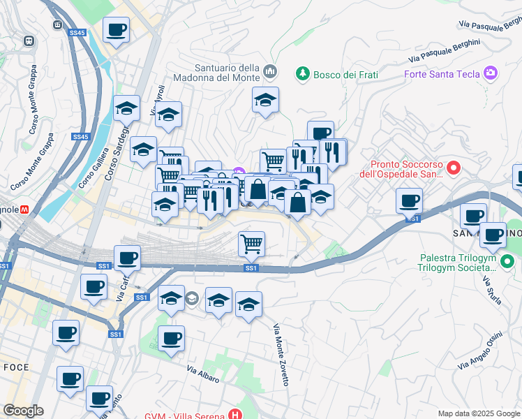 map of restaurants, bars, coffee shops, grocery stores, and more near 140 Via Giovanni Torti in Genova