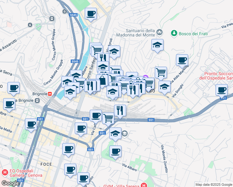 map of restaurants, bars, coffee shops, grocery stores, and more near 12 Via Giovanni Torti in Genoa
