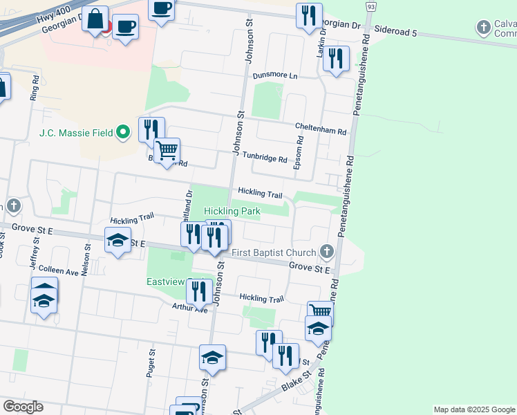 map of restaurants, bars, coffee shops, grocery stores, and more near 211 Johnson Street in Barrie