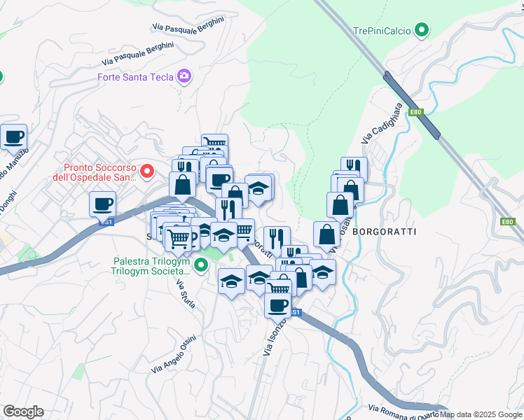 map of restaurants, bars, coffee shops, grocery stores, and more near 75 Via Giacomo Boero in Genoa