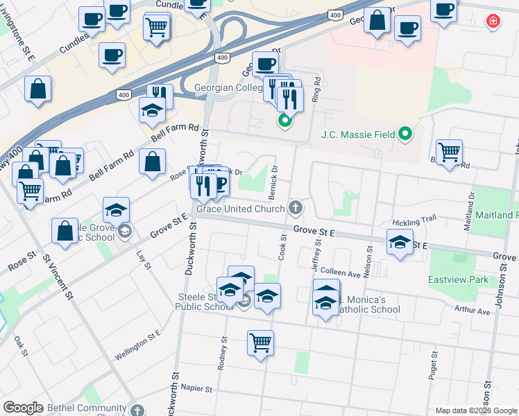 map of restaurants, bars, coffee shops, grocery stores, and more near 88 Bernick Drive in Barrie