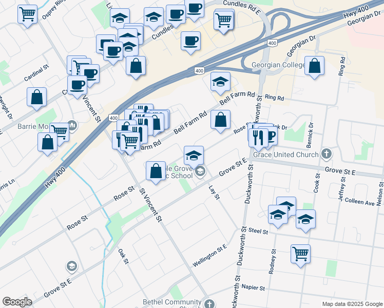 map of restaurants, bars, coffee shops, grocery stores, and more near 64 Cynthia Court in Barrie