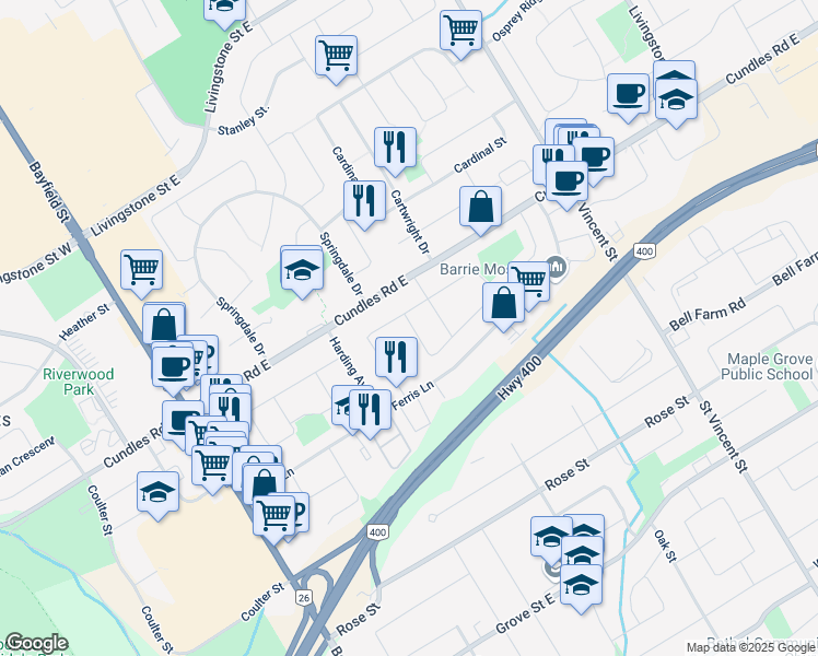 map of restaurants, bars, coffee shops, grocery stores, and more near 5 Daphne Crescent in Barrie