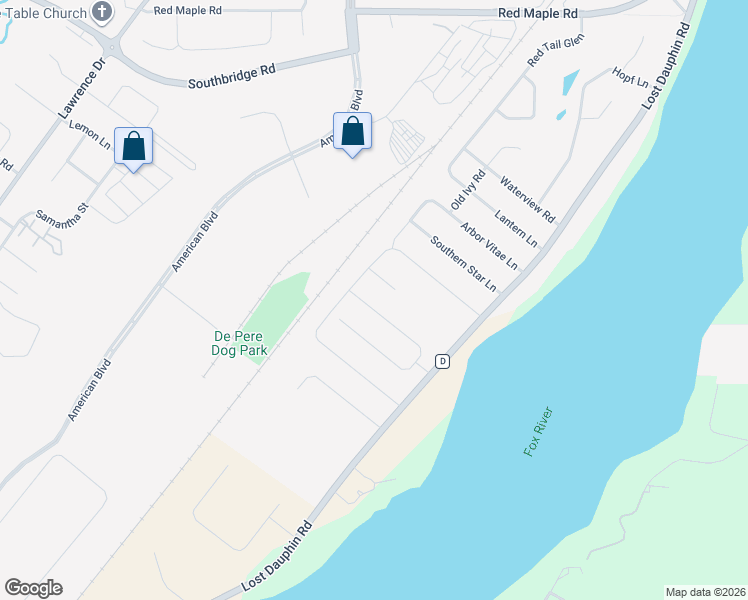 map of restaurants, bars, coffee shops, grocery stores, and more near 2484 Meadow Rose Lane in De Pere
