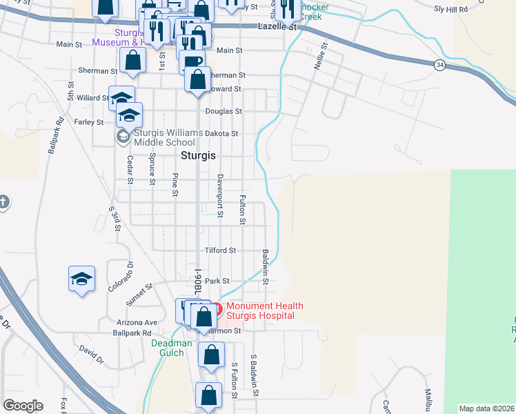 map of restaurants, bars, coffee shops, grocery stores, and more near Boulevard St in Sturgis