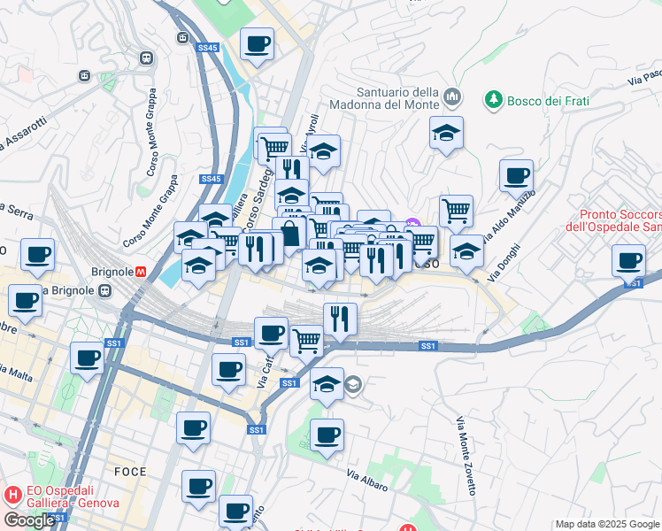 map of restaurants, bars, coffee shops, grocery stores, and more near 12 Via Giovanni Torti in Genoa