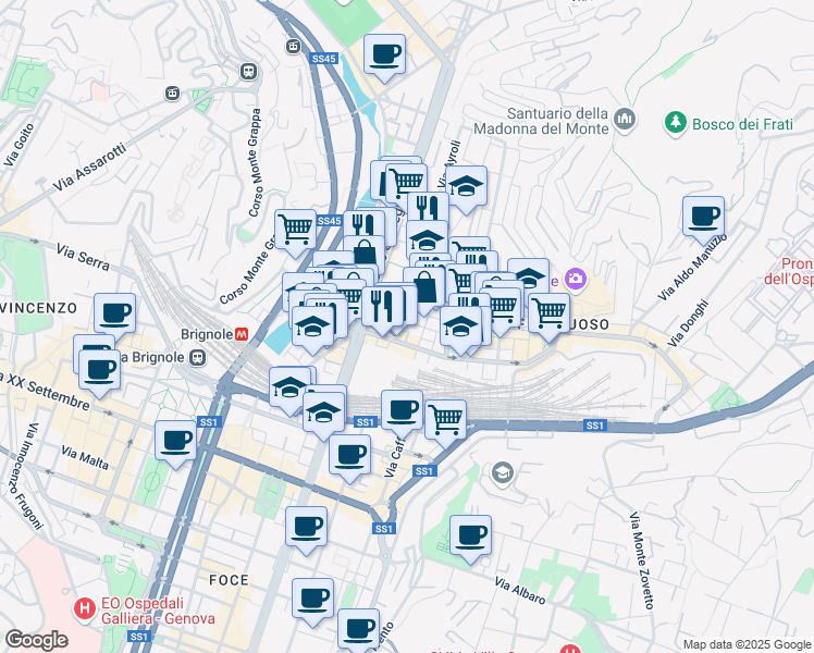 map of restaurants, bars, coffee shops, grocery stores, and more near 11 Via Giuseppe de Paoli in Genova