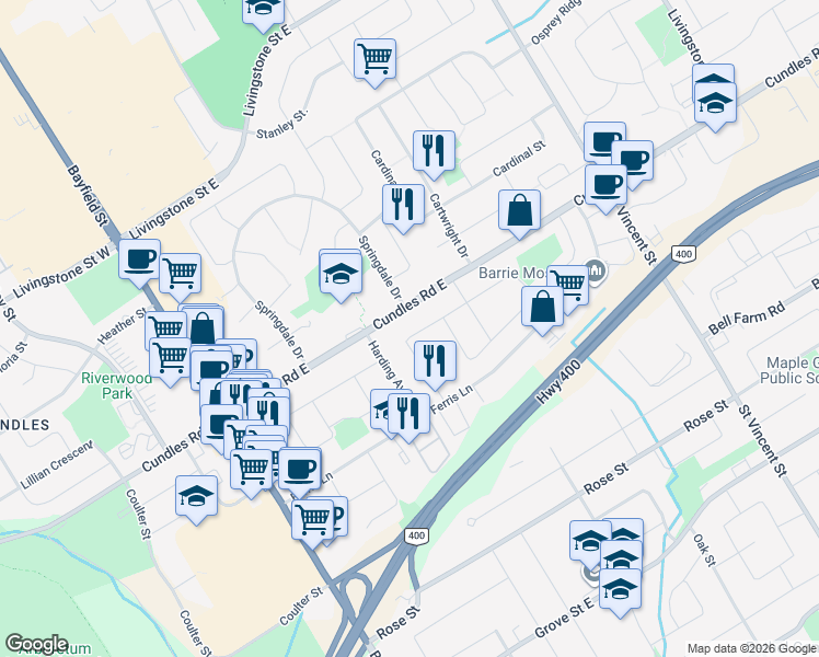 map of restaurants, bars, coffee shops, grocery stores, and more near 64 Collete Crescent in Barrie