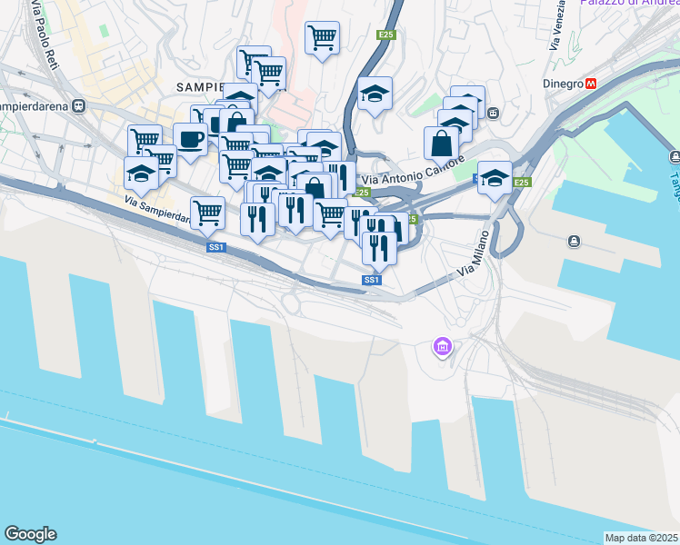 map of restaurants, bars, coffee shops, grocery stores, and more near in Genoa