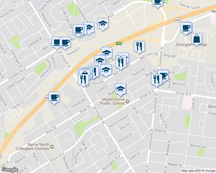 map of restaurants, bars, coffee shops, grocery stores, and more near 39 Cynthia Court in Barrie