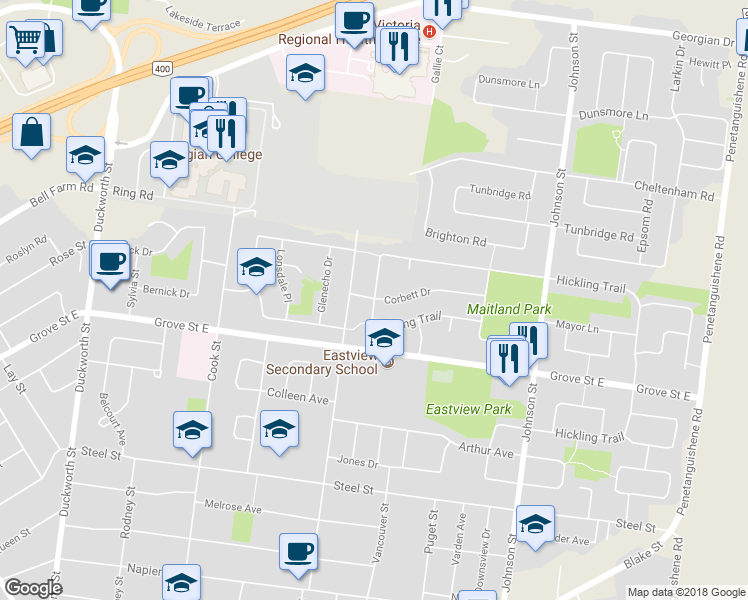 map of restaurants, bars, coffee shops, grocery stores, and more near 79 Hickling Trail in Barrie