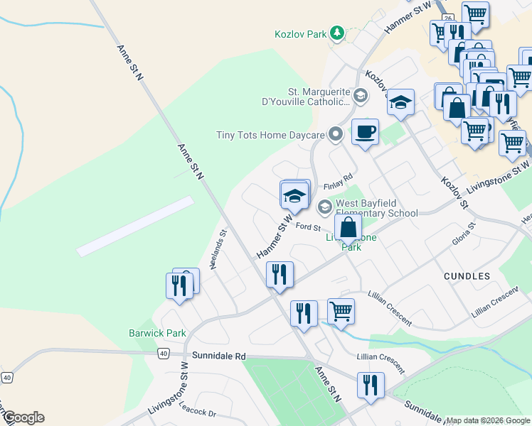 map of restaurants, bars, coffee shops, grocery stores, and more near Laidlaw Drive in Barrie