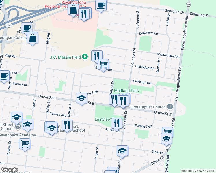 map of restaurants, bars, coffee shops, grocery stores, and more near 75 Corbett Drive in Barrie