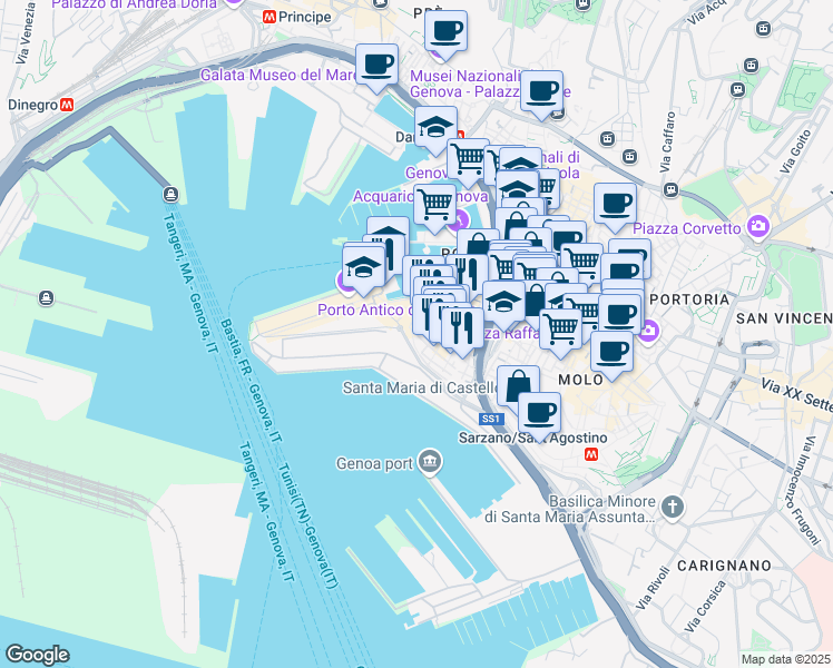 map of restaurants, bars, coffee shops, grocery stores, and more near 17A Vico Malatti in Genova
