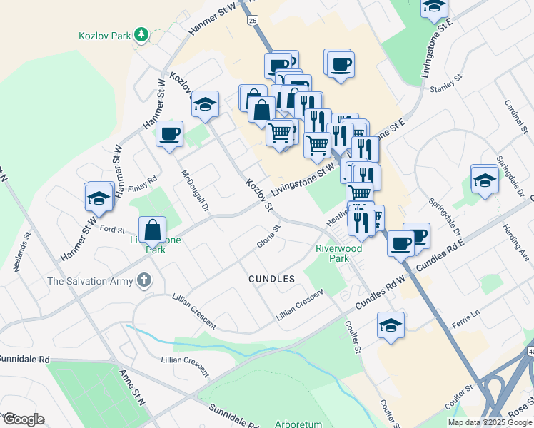 map of restaurants, bars, coffee shops, grocery stores, and more near 138 Kozlov Street in Barrie