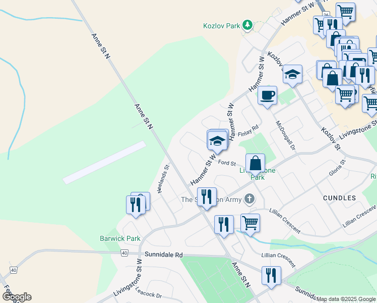 map of restaurants, bars, coffee shops, grocery stores, and more near 39 Harrison Crescent in Barrie