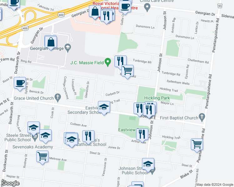 map of restaurants, bars, coffee shops, grocery stores, and more near 41 Corbett Drive in Barrie