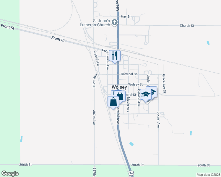 map of restaurants, bars, coffee shops, grocery stores, and more near Laurel Avenue in Wolsey