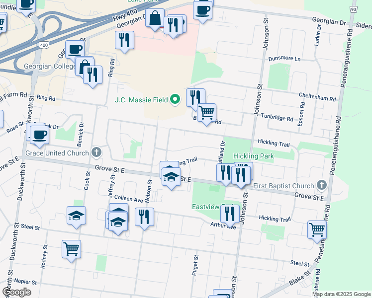 map of restaurants, bars, coffee shops, grocery stores, and more near Corbett Drive in Barrie