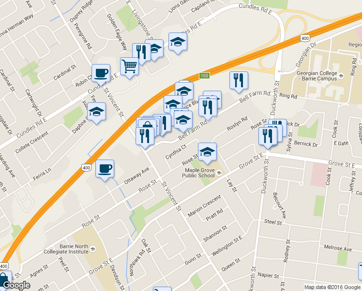 map of restaurants, bars, coffee shops, grocery stores, and more near 39 Cynthia Court in Barrie