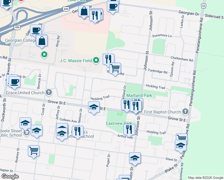 map of restaurants, bars, coffee shops, grocery stores, and more near 57 Corbett Drive in Barrie
