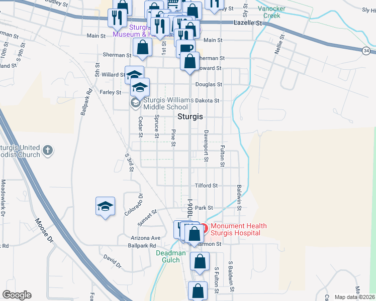 map of restaurants, bars, coffee shops, grocery stores, and more near Boulevard Street in Sturgis