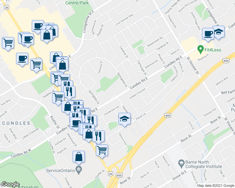 map of restaurants, bars, coffee shops, grocery stores, and more near 70 Cundles Road East in Barrie
