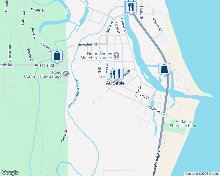 map of restaurants, bars, coffee shops, grocery stores, and more near in Au Sable