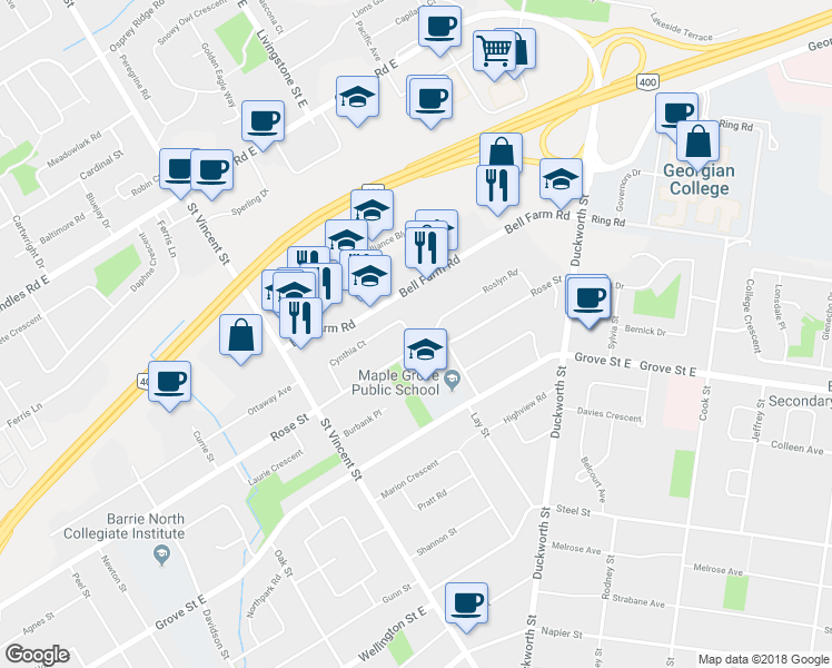 map of restaurants, bars, coffee shops, grocery stores, and more near 64 Cynthia Court in Barrie