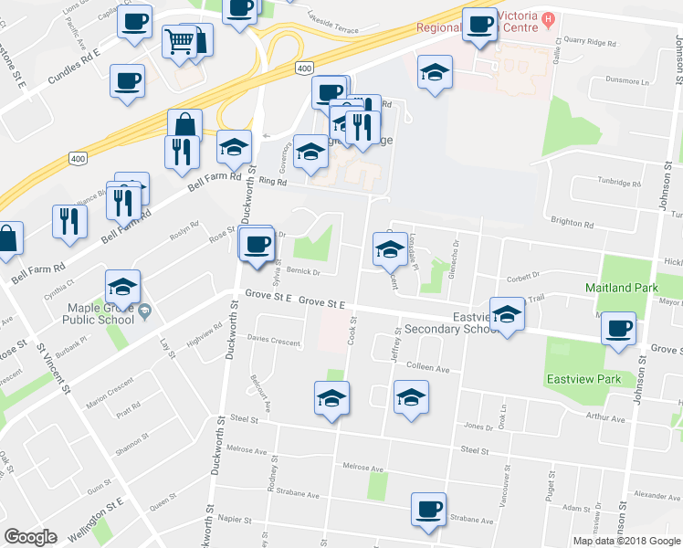map of restaurants, bars, coffee shops, grocery stores, and more near 73 Bernick Drive in Barrie