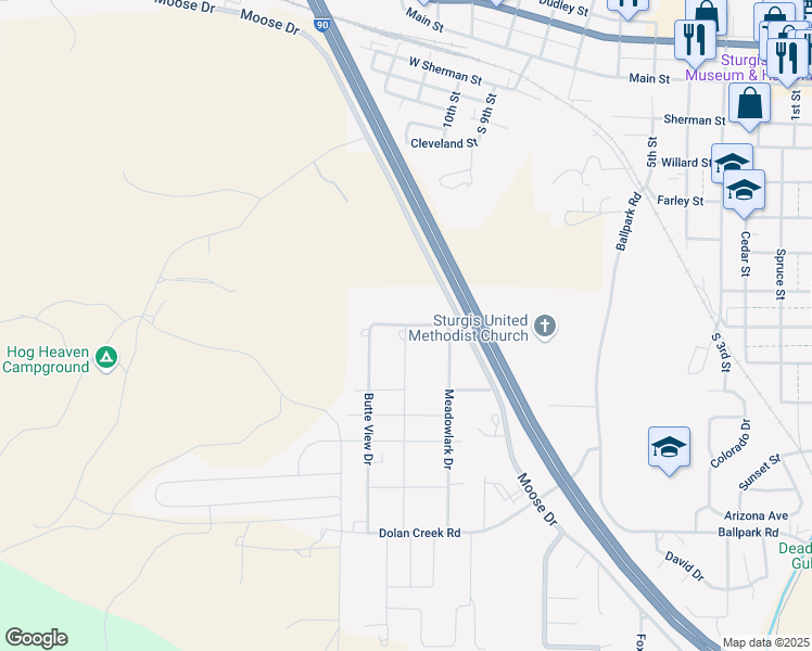 map of restaurants, bars, coffee shops, grocery stores, and more near 2298 Bluebell Dr in Sturgis