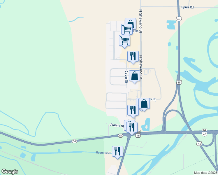 map of restaurants, bars, coffee shops, grocery stores, and more near 1402 Southridge Drive in New London