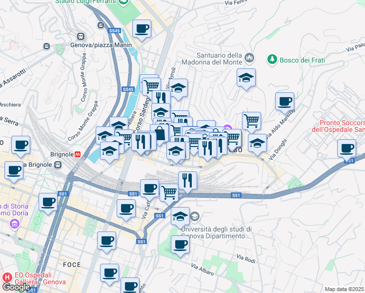 map of restaurants, bars, coffee shops, grocery stores, and more near 12 Via Giovanni Torti in Genoa