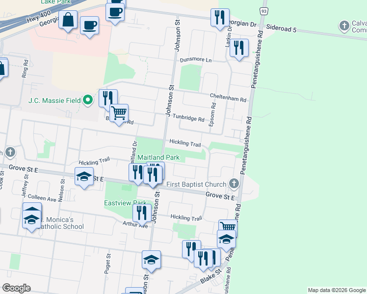map of restaurants, bars, coffee shops, grocery stores, and more near 248 Hickling Trail in Barrie