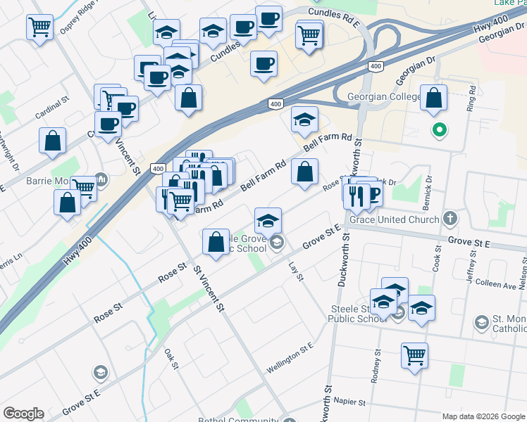 map of restaurants, bars, coffee shops, grocery stores, and more near 64 Cynthia Court in Barrie