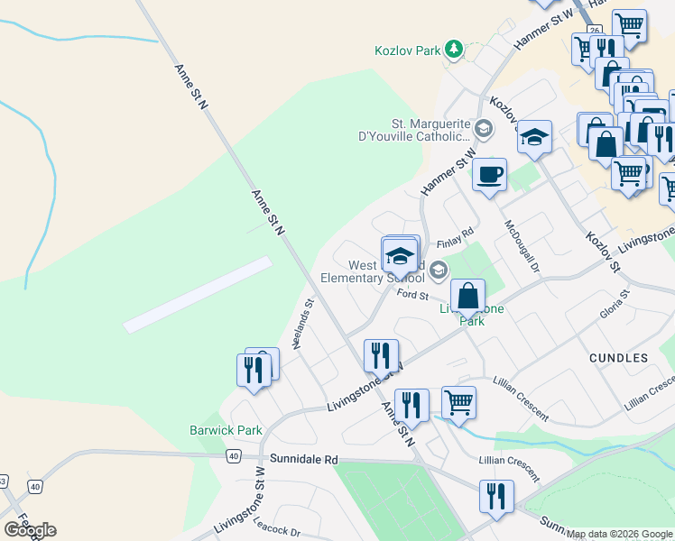 map of restaurants, bars, coffee shops, grocery stores, and more near 94 Laidlaw Drive in Barrie