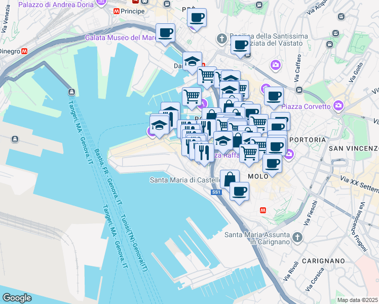 map of restaurants, bars, coffee shops, grocery stores, and more near 17A Vico Malatti in Genova