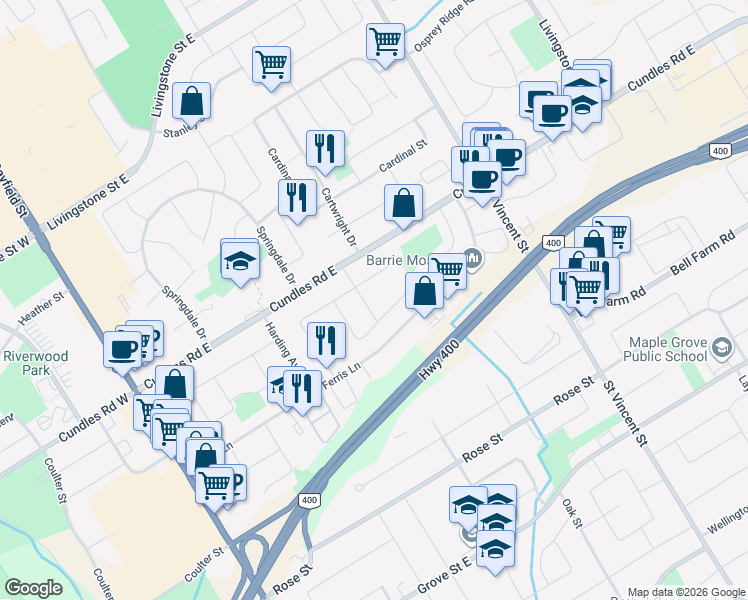 map of restaurants, bars, coffee shops, grocery stores, and more near 7 Janine Street in Barrie