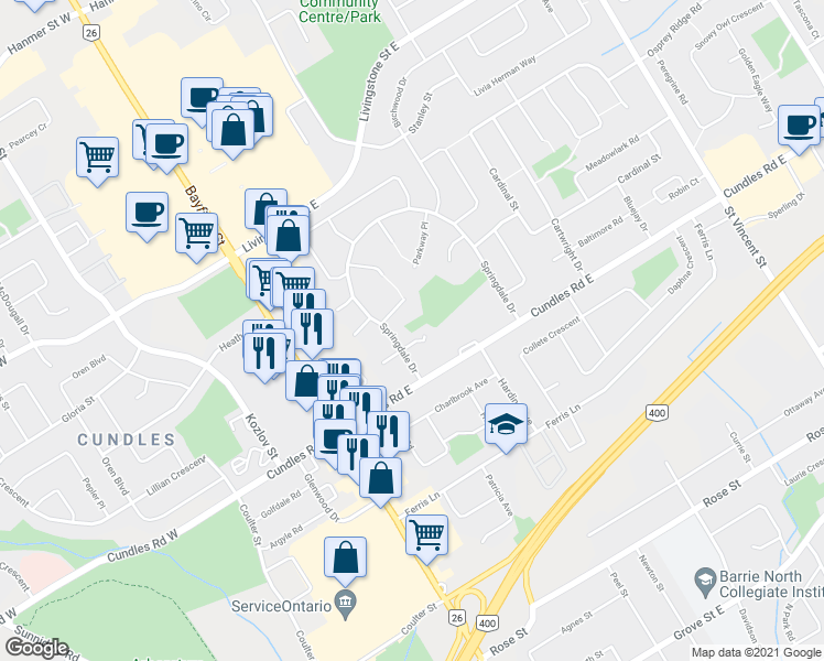 map of restaurants, bars, coffee shops, grocery stores, and more near 10 Forestview Place in Barrie