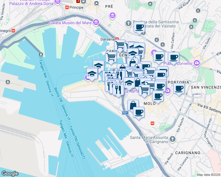 map of restaurants, bars, coffee shops, grocery stores, and more near 6 Via del Molo in Genova