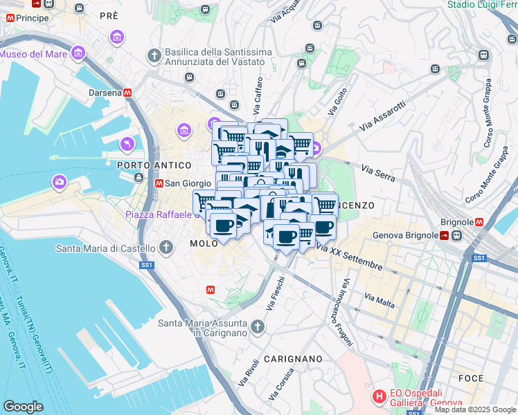 map of restaurants, bars, coffee shops, grocery stores, and more near 2 Via Roma in Genova